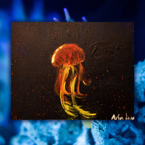 Aria Luna's Ember Jelly, part of her sea creatures collection. Acrylic on canvas board. Set against a backdrop of a coral reef.