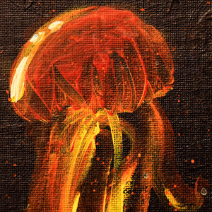 Close-up of Aria Luna's Ember Jelly, part of her sea creatures collection. Acrylic on canvas board, 8 x 10 in / 20.1 x 25 cm.