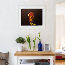Load image into Gallery viewer, Ember Jelly, part of Latina artist Aria Luna&#39;s sea creatures collection. Framed and displayed in a modern entryway.