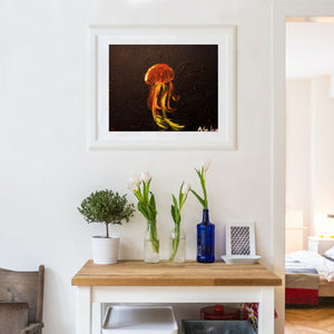 Ember Jelly, part of Latina artist Aria Luna's sea creatures collection. Framed and displayed in a modern entryway.