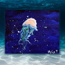 Load image into Gallery viewer, Aria Luna&#39;s Mediterranean Jelly, part of her sea creatures collection. Acrylic on canvas board. Set against a backdrop of the ocean.