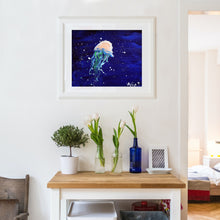 Load image into Gallery viewer, Mediterranean Jelly, part of Latina artist Aria Luna&#39;s sea creatures collection. Framed and displayed in a modern entryway.