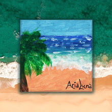 Load image into Gallery viewer, Acrylic painting of an ocean scene complete with a palm tree, by young artist Aria Luna. Set against a backdrop of an aerial photograph of the sea.
