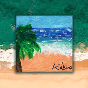 Acrylic painting of an ocean scene complete with a palm tree, by young artist Aria Luna. Set against a backdrop of an aerial photograph of the sea.