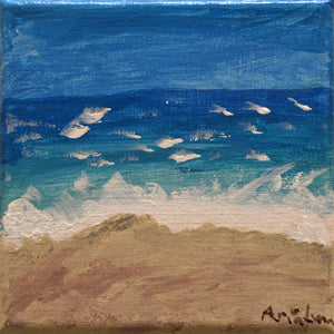 Acrylic painting of a moody ocean scene, by young Latina artist Aria Luna. Acrylic on canvas, 5x5 in / 12.7x12.7 cm.  