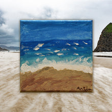 Load image into Gallery viewer, Original painting of a moody ocean scene by young artist Aria Luna, set against a photo of a cloudy beachscape