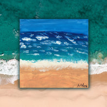 Load image into Gallery viewer, Acrylic painting of an ocean scene by young artist Aria Luna, against a backdrop of an aerial photograph of the sea